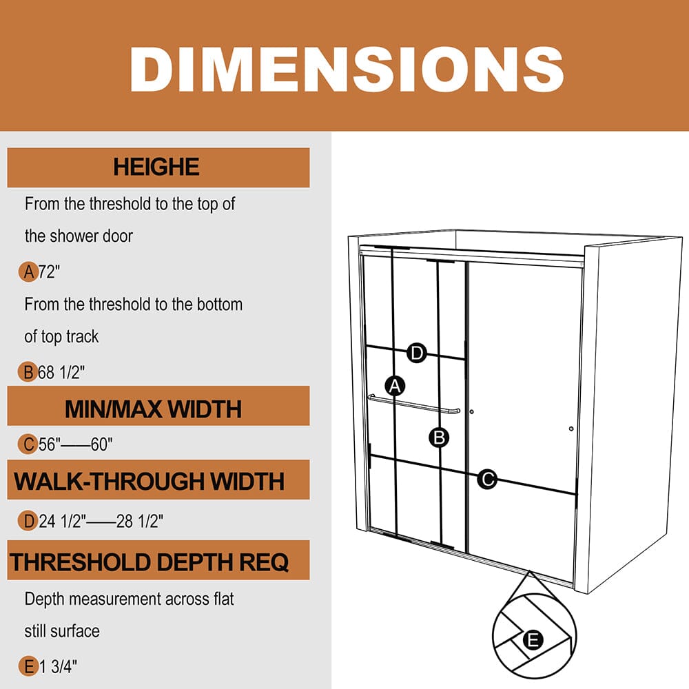 56-60&quot;W x 72&quot;H Shower Door Traditional Two-way Sliding with Handle