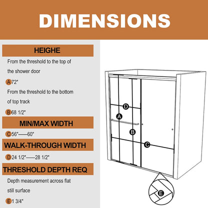 56-60&quot;W x 72&quot;H Shower Door Traditional Two-way Sliding with Handle