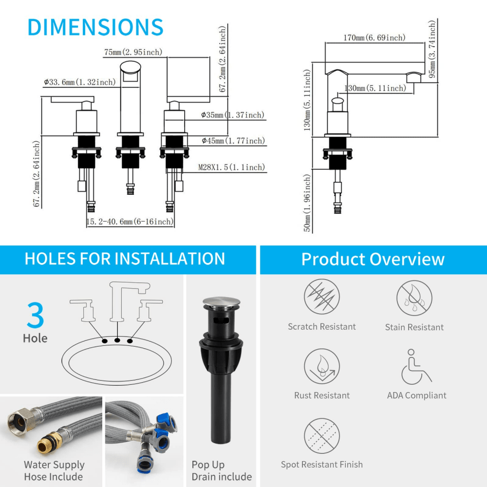 8-Inch Widespread Bathroom Faucet for Sink 3 Hole, 2-Handles with Pop Up Drain