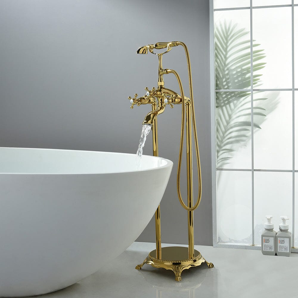 Floor Mount Freestanding Bathtub Faucet with Handheld Shower Gold Retro Style