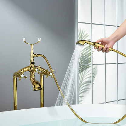 Floor Mount Freestanding Bathtub Faucet with Handheld Shower Gold Retro Style