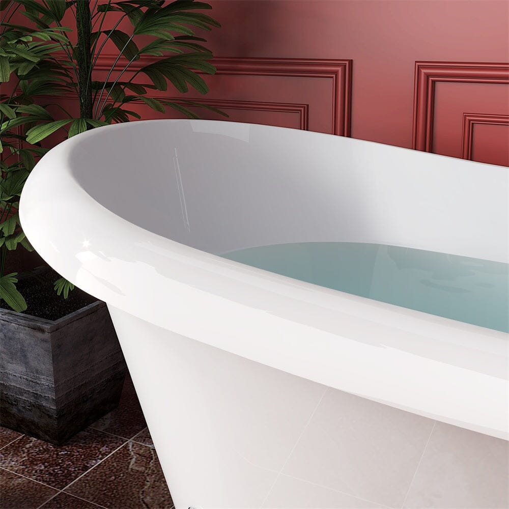 Glossy White 67-inch claw-foot double slipper bathtub rolled edge detail