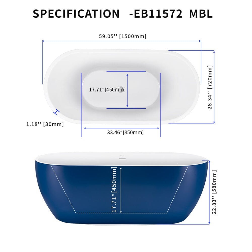 Blue Center Drain Freestanding Soaking Tub Dimensions and Specifications Detailed