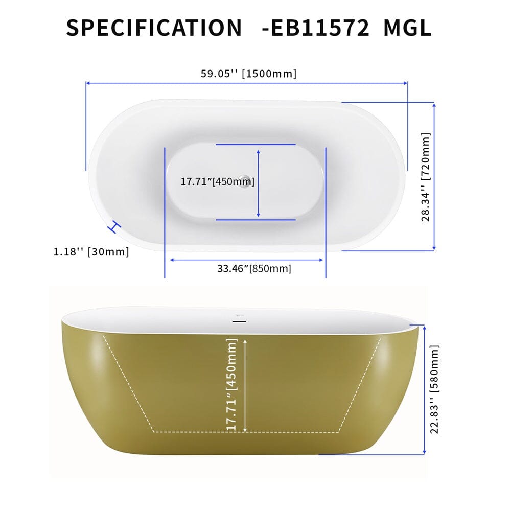 Gold Center Drain Freestanding Soaking Tub Specs Chart