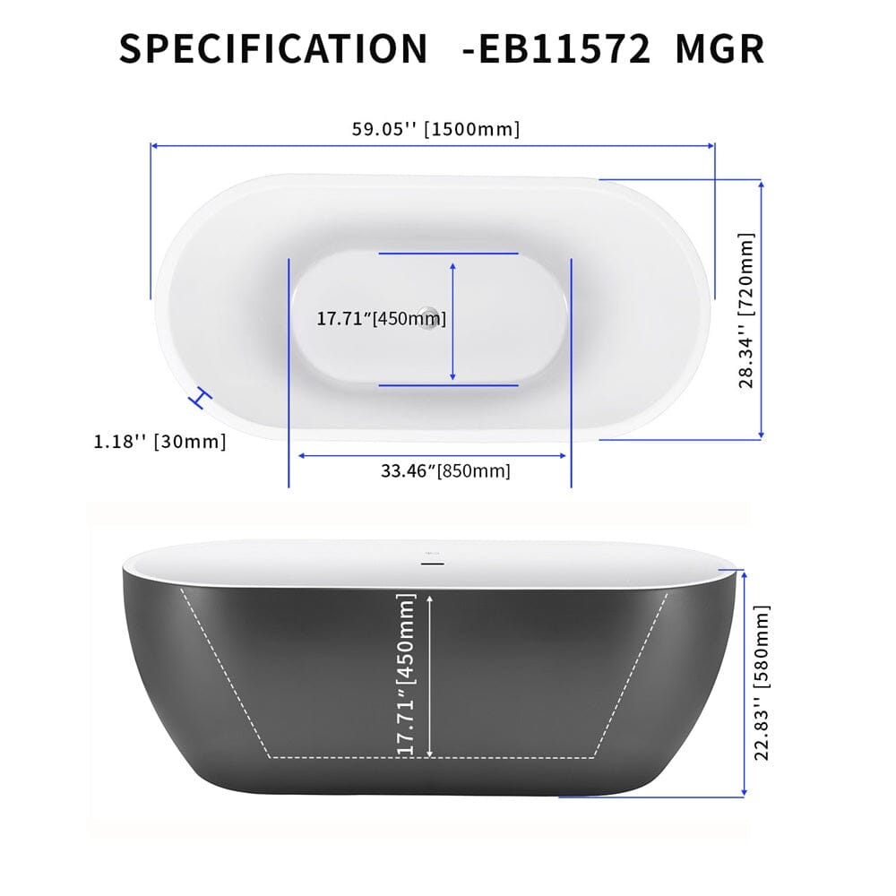 Dimensions chart for gray freestanding soaking tub with overflow