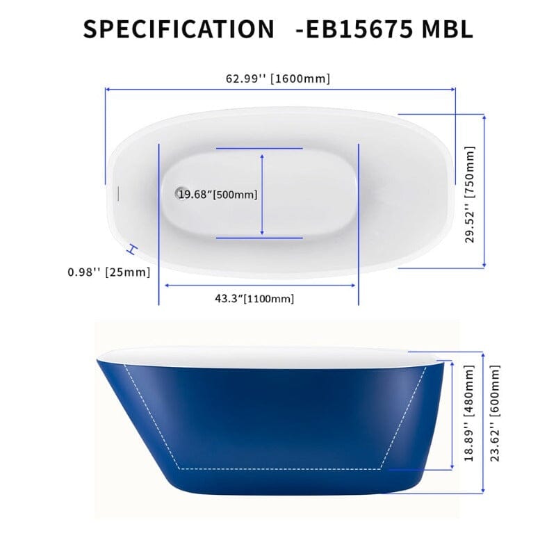 Mokleba 63&quot; Acrylic End Drain Freestanding Tub with Pop-up Drain