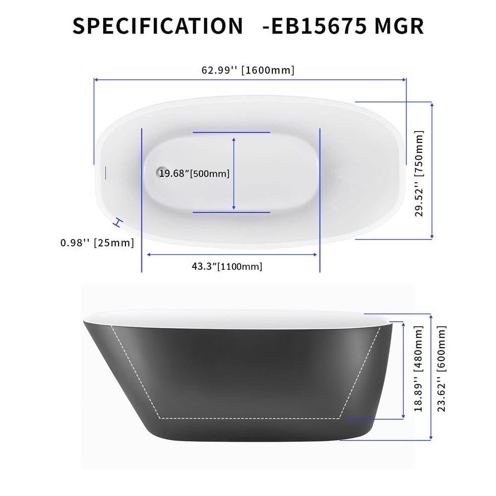 Mokleba 63&quot; Acrylic End Drain Freestanding Tub with Pop-up Drain