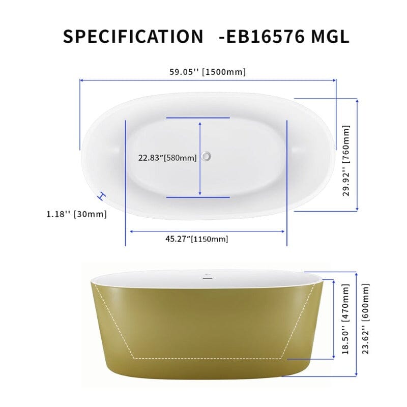 Mokleba 59&quot; Acrylic Modern Bathtub Oval Shape Freestanding Soaking Tub