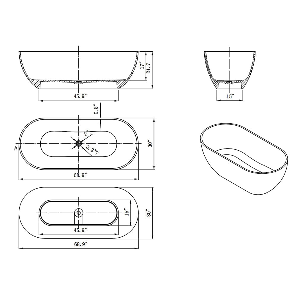 69&quot; Resin Oval Modern Art Transparent Freestanding Soaking Bathtub