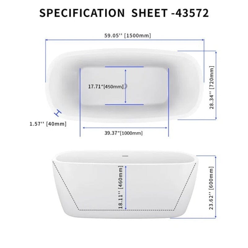 Mokleba 59&quot; Acrylic Square Shape Freestanding Soaking Tub with Overflow &amp; Drain