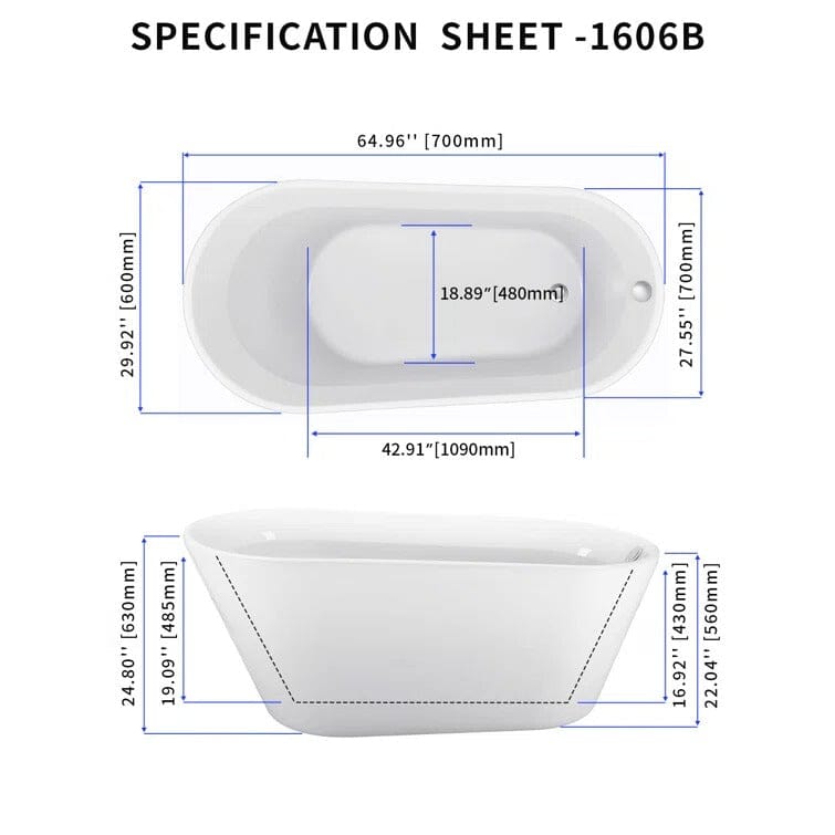 Mokleba 65&quot; Acrylic Slipper Flatbottom Freestanding Soaking Bathtub in Glossy White