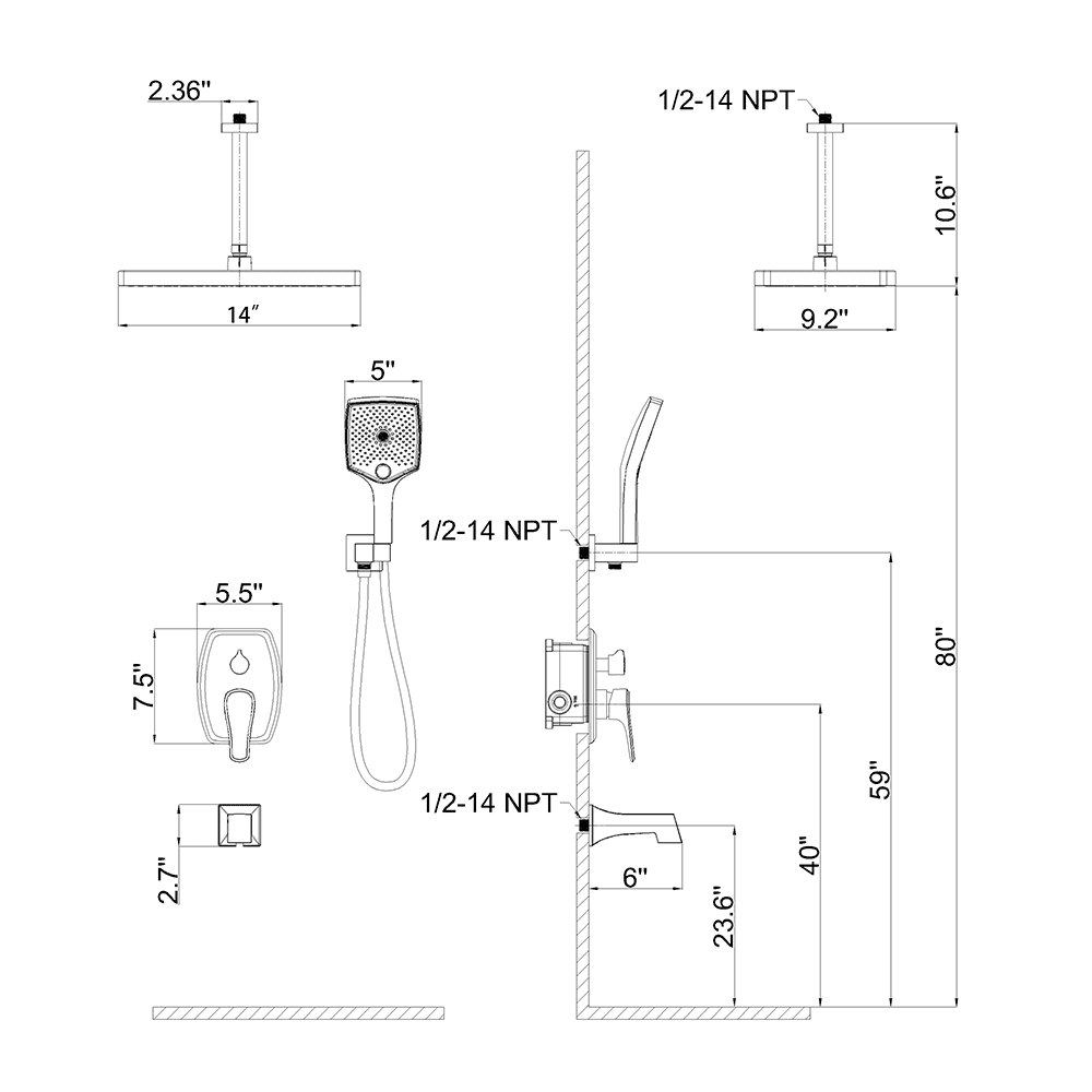 Shower Systems 14&quot; Rectangular Ceiling Shower Head with Hand Shower &amp; Tub Spout