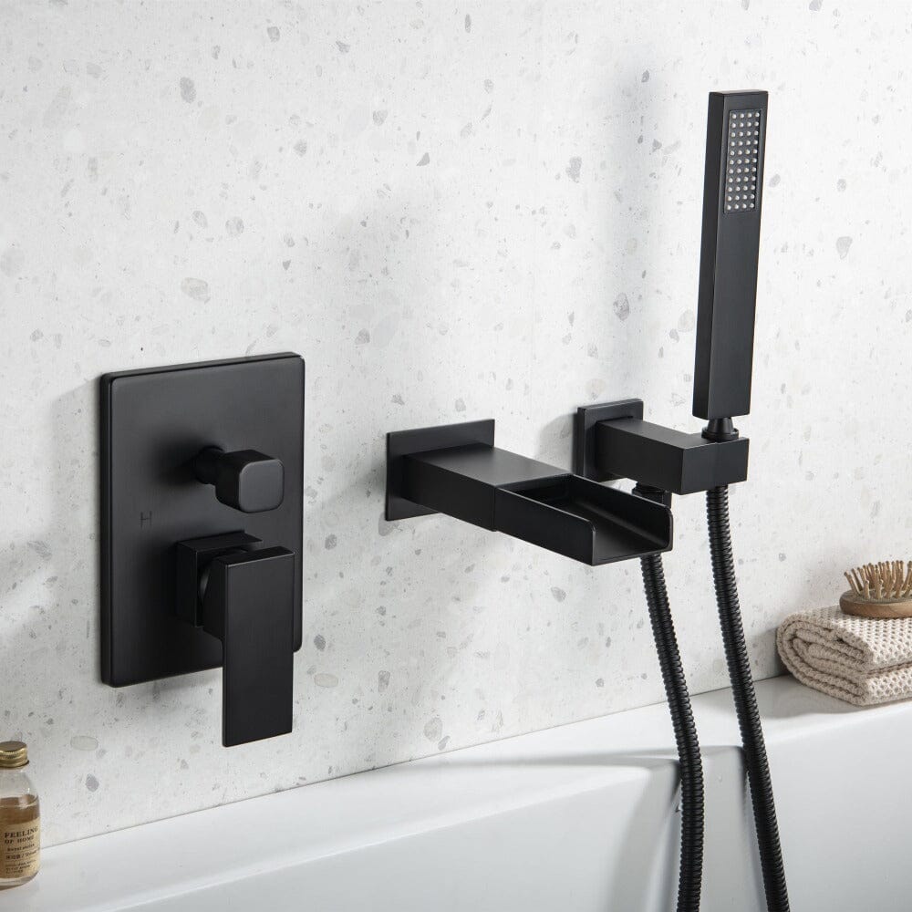 Waterfall Wall Mount Tub Faucet with Hand Shower, Matte Black