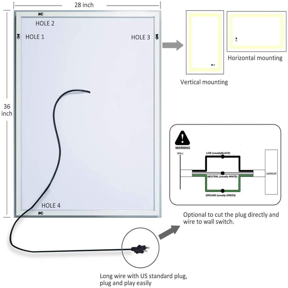 28 X 36 Inch LED Bathroom Mirror Makeup Wall Mirror Wall Mounted