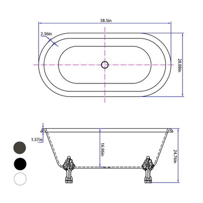 White 59&quot; Double Ended Clawfoot Tub Overall Dimensions Outline